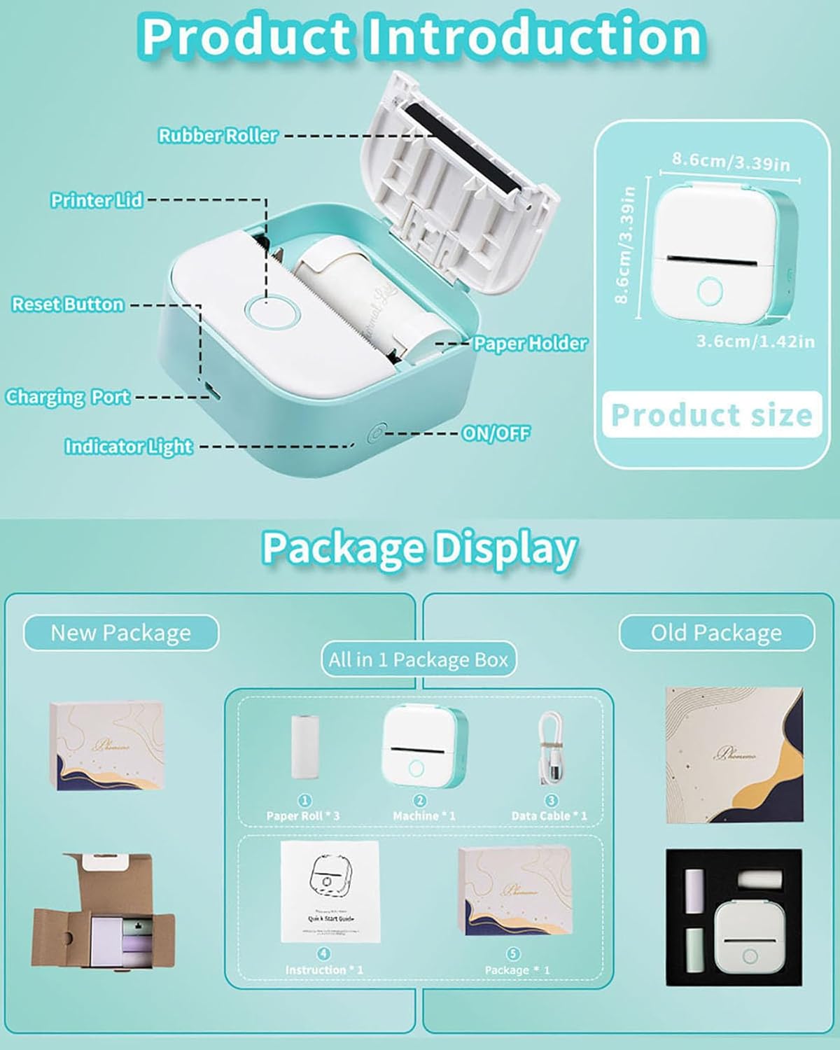 Sticker Printer - T02 Mini Printer Print Pods Portable Thermal Inkless Sticker Maker Machine Bluetooth Pocket Impresora Portátil Instant Print for Study Graphics, Anatomical Diagrams,Students