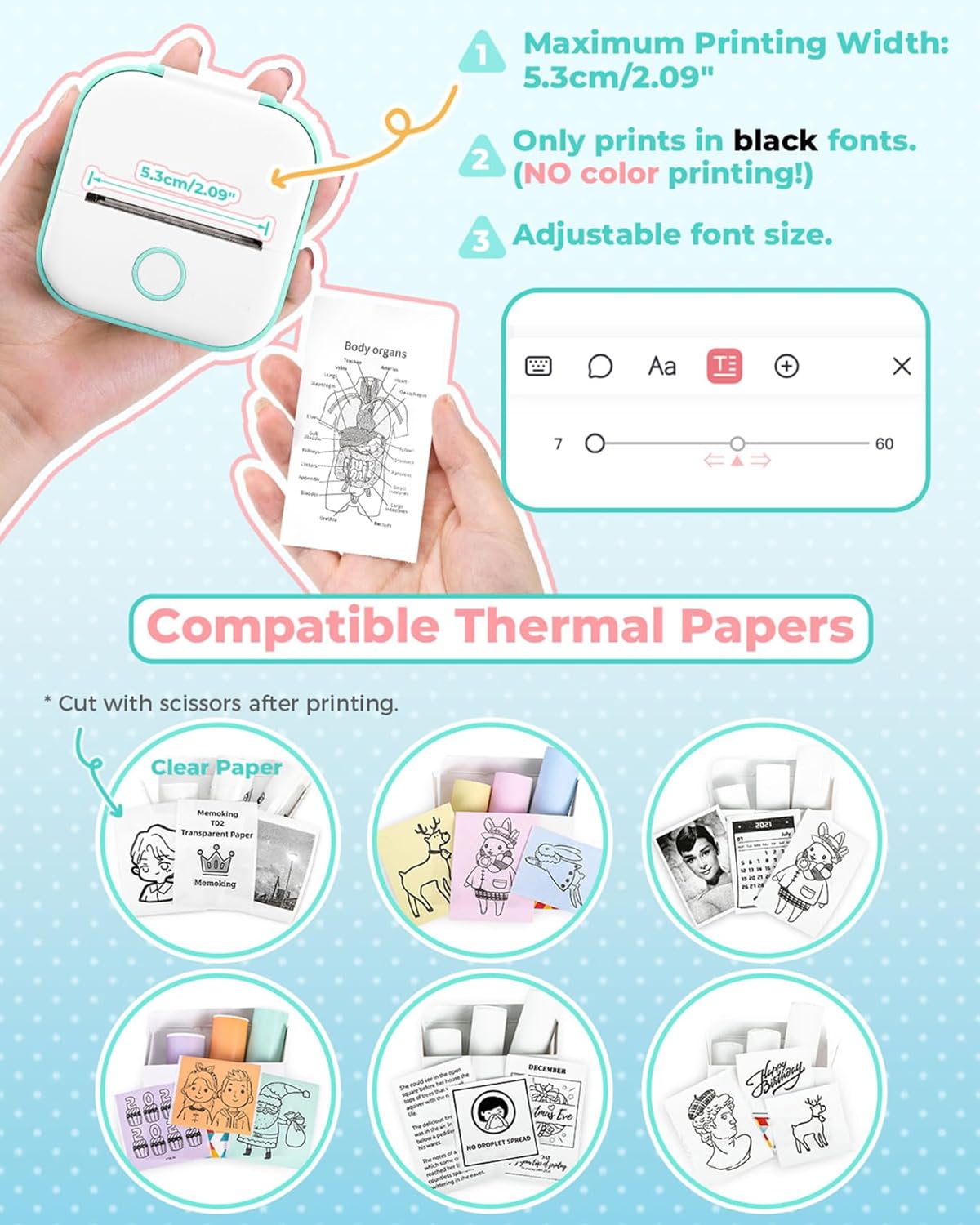 Sticker Printer - T02 Mini Printer Print Pods Portable Thermal Inkless Sticker Maker Machine Bluetooth Pocket Impresora Portátil Instant Print for Study Graphics, Anatomical Diagrams,Students