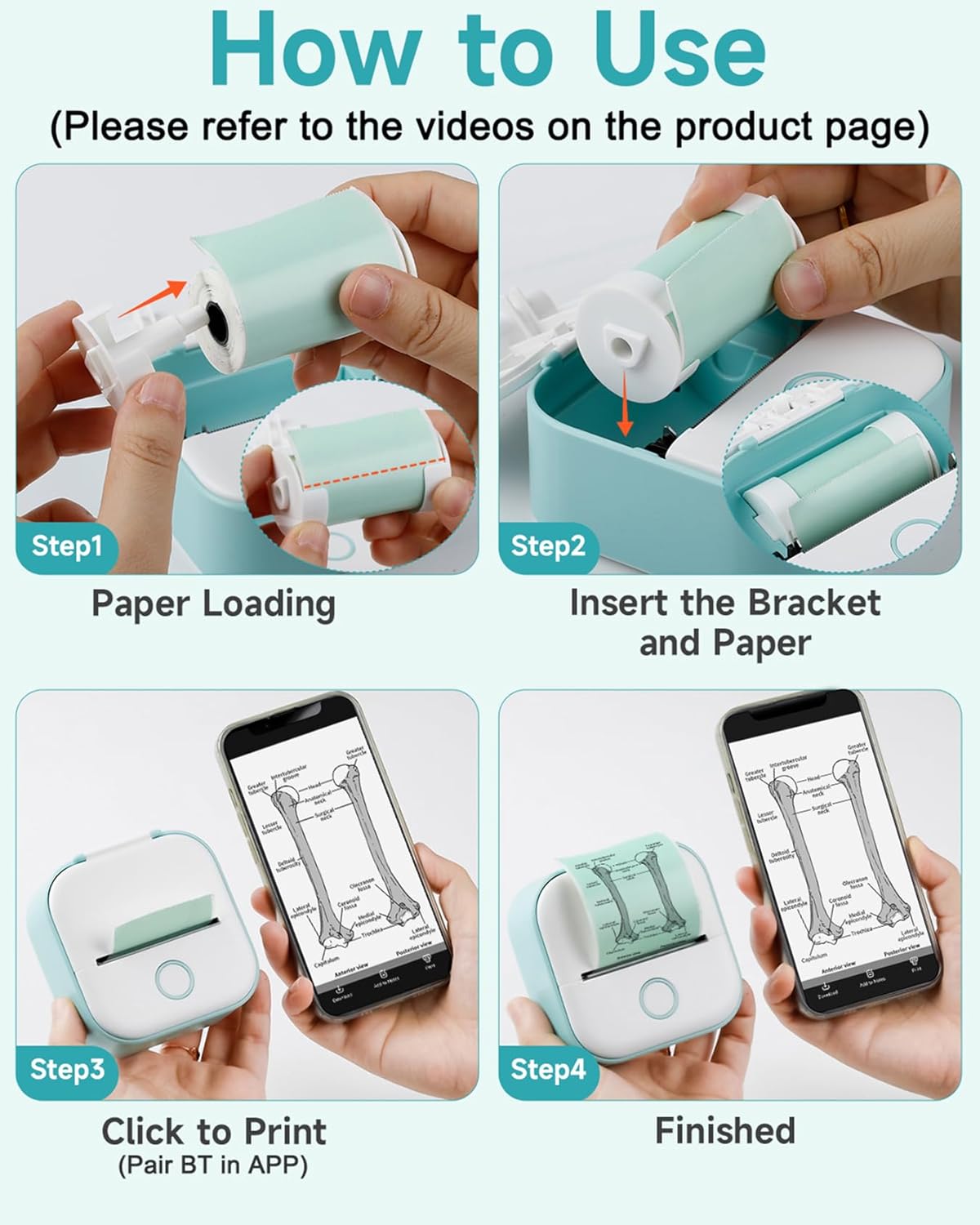 Sticker Printer - T02 Mini Printer Print Pods Portable Thermal Inkless Sticker Maker Machine Bluetooth Pocket Impresora Portátil Instant Print for Study Graphics, Anatomical Diagrams,Students