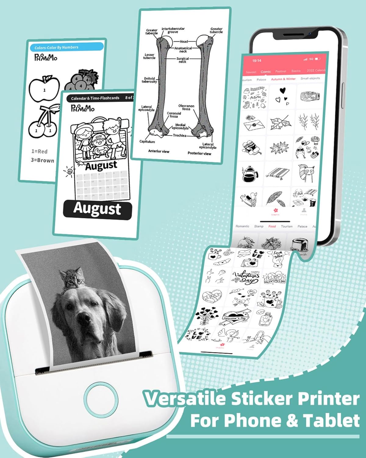 Sticker Printer - T02 Mini Printer Print Pods Portable Thermal Inkless Sticker Maker Machine Bluetooth Pocket Impresora Portátil Instant Print for Study Graphics, Anatomical Diagrams,Students