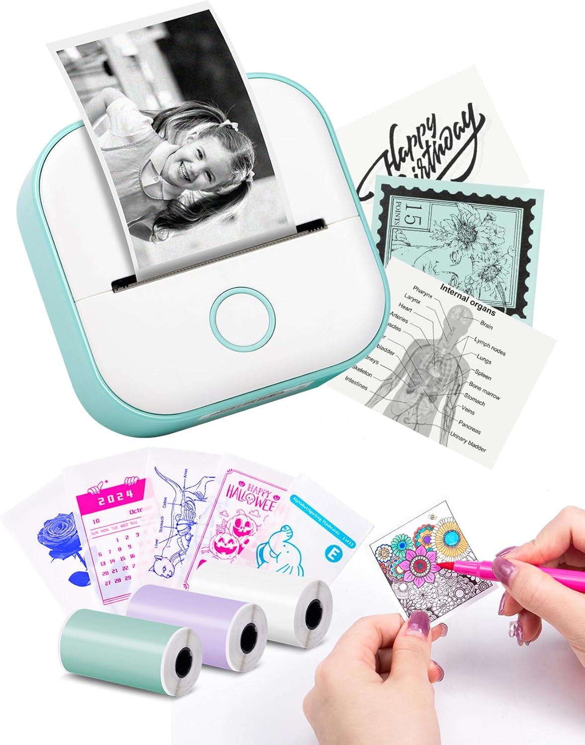 Sticker Printer - T02 Mini Printer Print Pods Portable Thermal Inkless Sticker Maker Machine Bluetooth Pocket Impresora Portátil Instant Print for Study Graphics, Anatomical Diagrams,Students