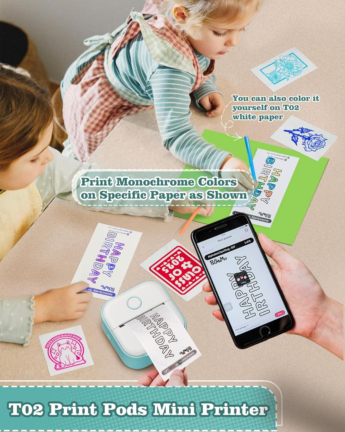 Sticker Printer - T02 Mini Printer Print Pods Portable Thermal Inkless Sticker Maker Machine Bluetooth Pocket Impresora Portátil Instant Print for Study Graphics, Anatomical Diagrams,Students